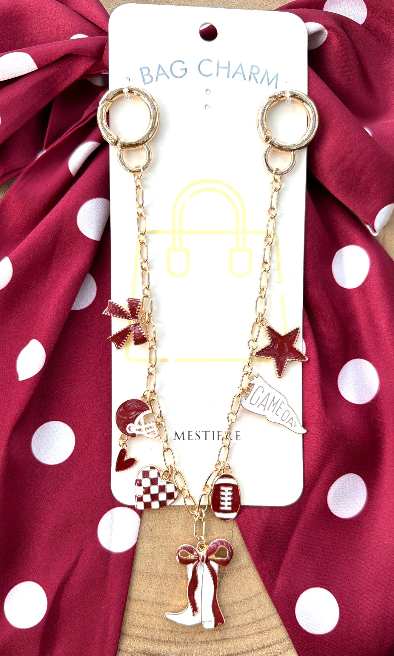 Game Day Bag Charm Boot Bow -  Burgundy and White