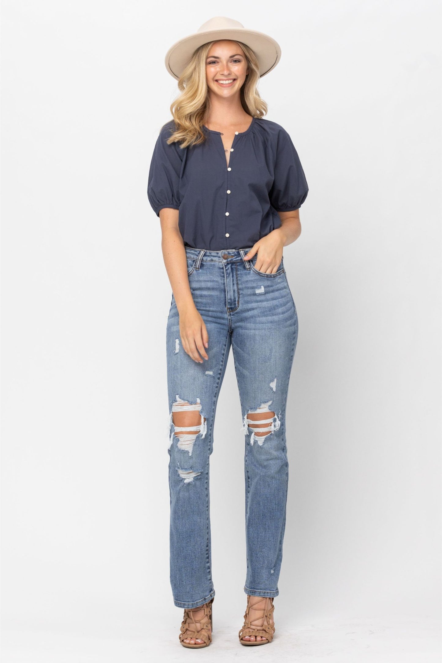 JUDY BLUE HIGH WAIST DESTROYED BOOTCUT JEANS - MEDIUM STONE