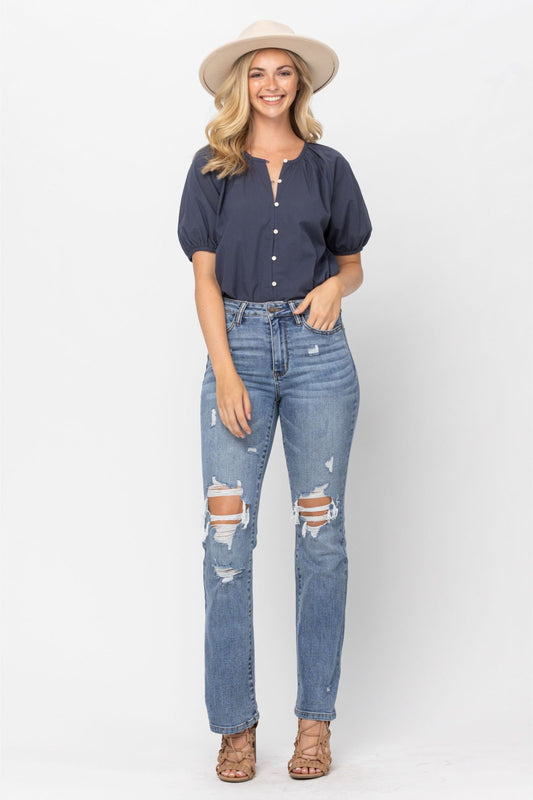 JUDY BLUE HIGH WAIST DESTROYED BOOTCUT JEANS - MEDIUM STONE