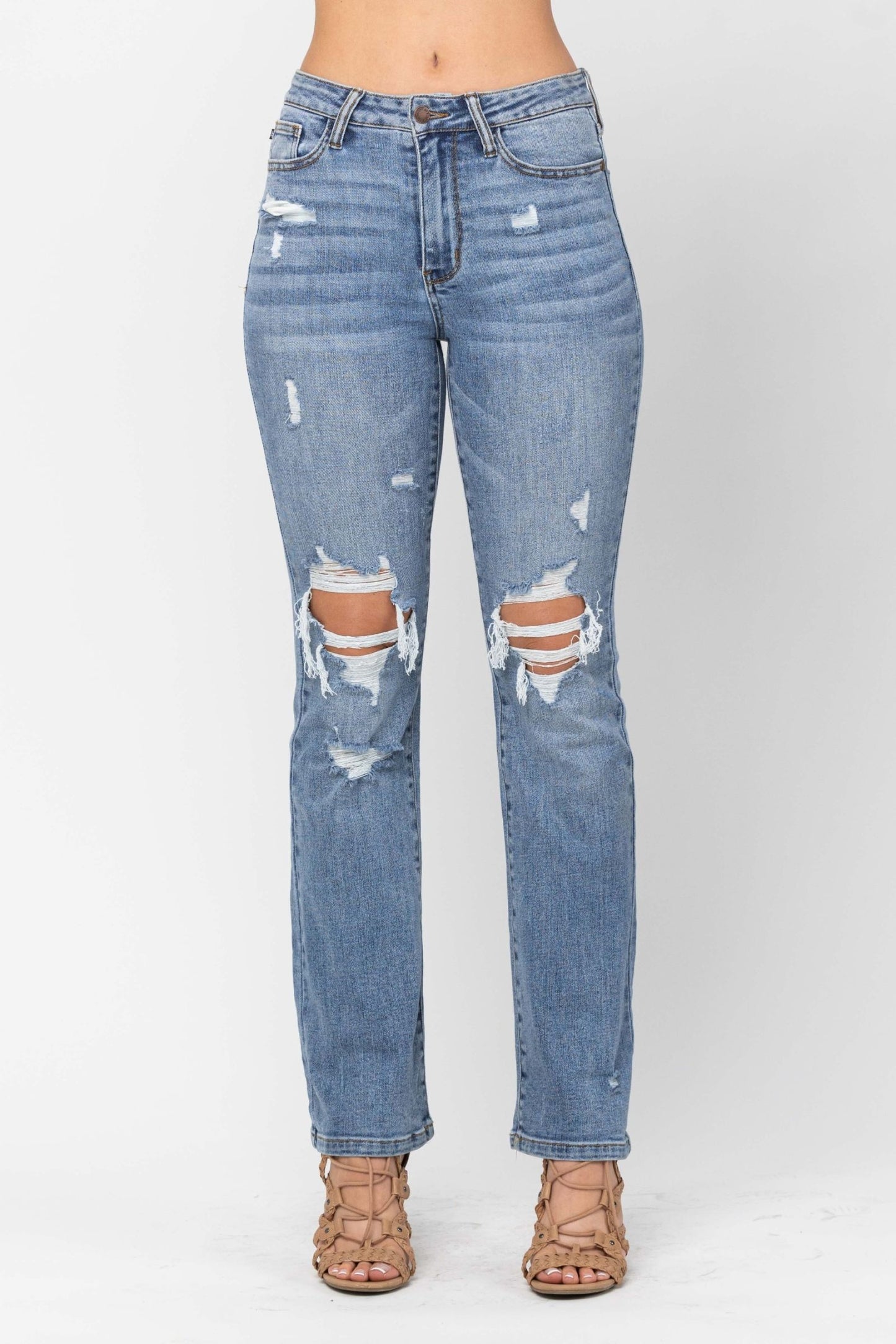 JUDY BLUE HIGH WAIST DESTROYED BOOTCUT JEANS - MEDIUM STONE