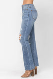 JUDY BLUE HIGH WAIST DESTROYED BOOTCUT JEANS - MEDIUM STONE