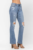 JUDY BLUE HIGH WAIST DESTROYED BOOTCUT JEANS - MEDIUM STONE