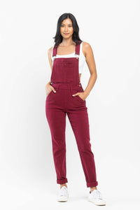 JUDY BLUE HIGH WAIST GARMENT DYED DOUBLE CUFF OVERALL BOYFRIEND FIT - MAROON