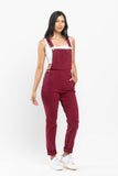 JUDY BLUE HIGH WAIST GARMENT DYED DOUBLE CUFF OVERALL BOYFRIEND FIT - MAROON