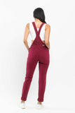 JUDY BLUE HIGH WAIST GARMENT DYED DOUBLE CUFF OVERALL BOYFRIEND FIT - MAROON