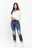 JUDY BLUE MID RISE BUFFALO PLAID KNEE DESTROY PATCHES AND CUFF JEANS - DARK STONE