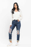 JUDY BLUE MID RISE BUFFALO PLAID KNEE DESTROY PATCHES AND CUFF JEANS - DARK STONE