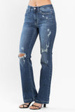 JUDY BLUE MID RISE HAND SAND & DESTROY BOOTCUT JEAN - DARK STONE