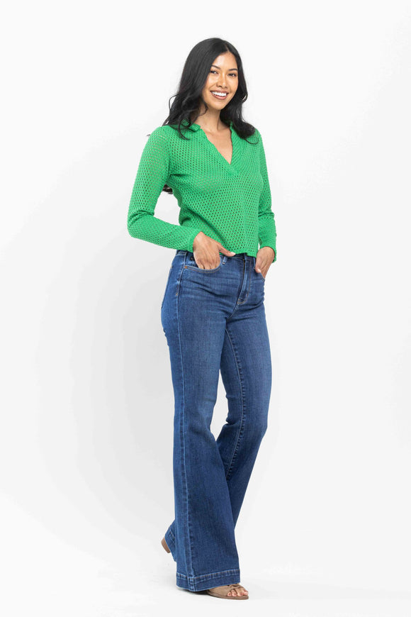 JUDY BLUE HIGH WAIST WIDE HEM FLARE JEANS - MEDIUM STONE