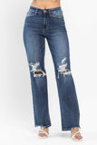 JUDY BLUE HIGH WAIST 90'S KNEE DESTROY STRAIGHT JEAN - DARK STONE