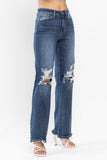 JUDY BLUE HIGH WAIST 90'S KNEE DESTROY STRAIGHT JEAN - DARK STONE