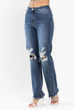 JUDY BLUE HIGH WAIST 90'S KNEE DESTROY STRAIGHT JEAN - DARK STONE