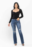 JUDY BLUE MID RISE HAND SAND & DESTROY BOOTCUT JEAN - DARK STONE