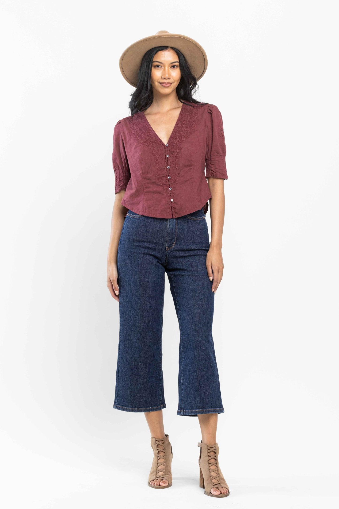 JUDY BLUE HIGH WAIST TUMMY CONTROL TAILORED CROP WIDE LEG JEANS - DARK STONE