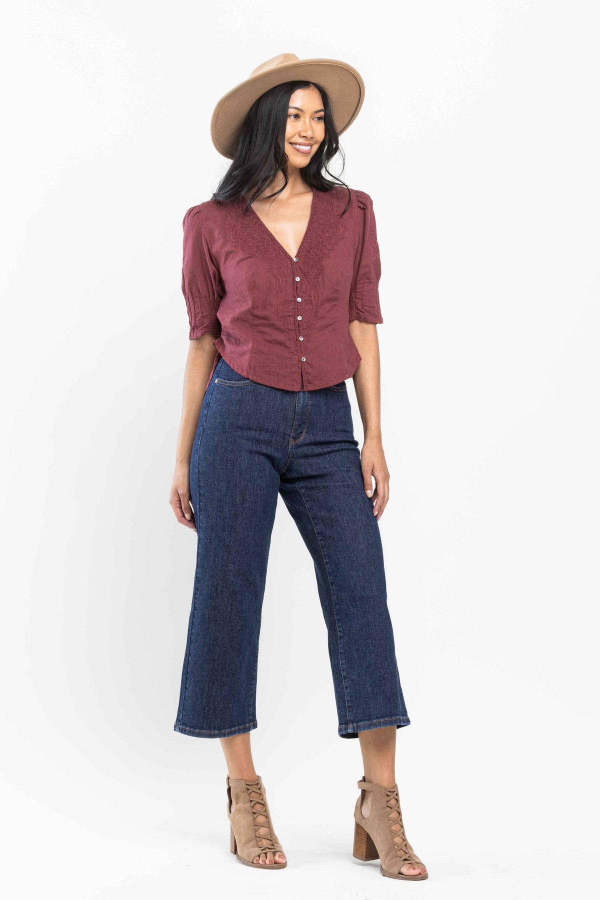 JUDY BLUE HIGH WAIST TUMMY CONTROL TAILORED CROP WIDE LEG JEANS - DARK STONE