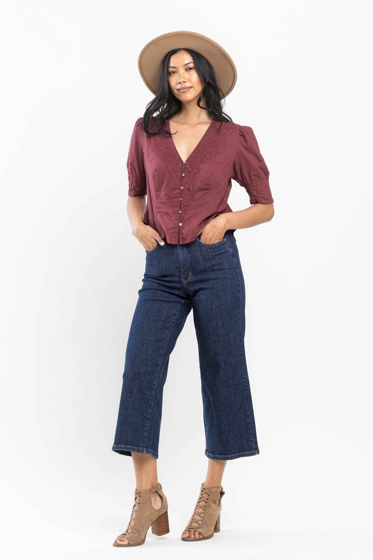 JUDY BLUE HIGH WAIST TUMMY CONTROL TAILORED CROP WIDE LEG JEANS - DARK STONE