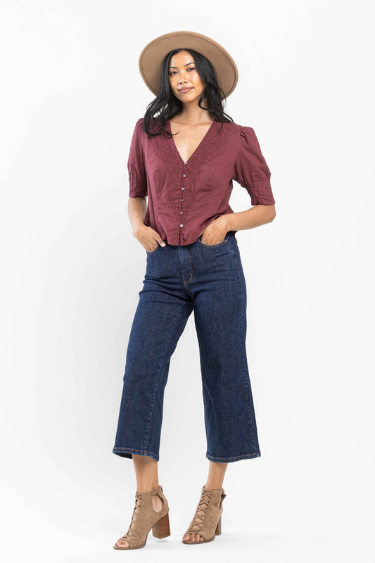 JUDY BLUE HIGH WAIST TUMMY CONTROL TAILORED CROP WIDE LEG JEANS - DARK STONE