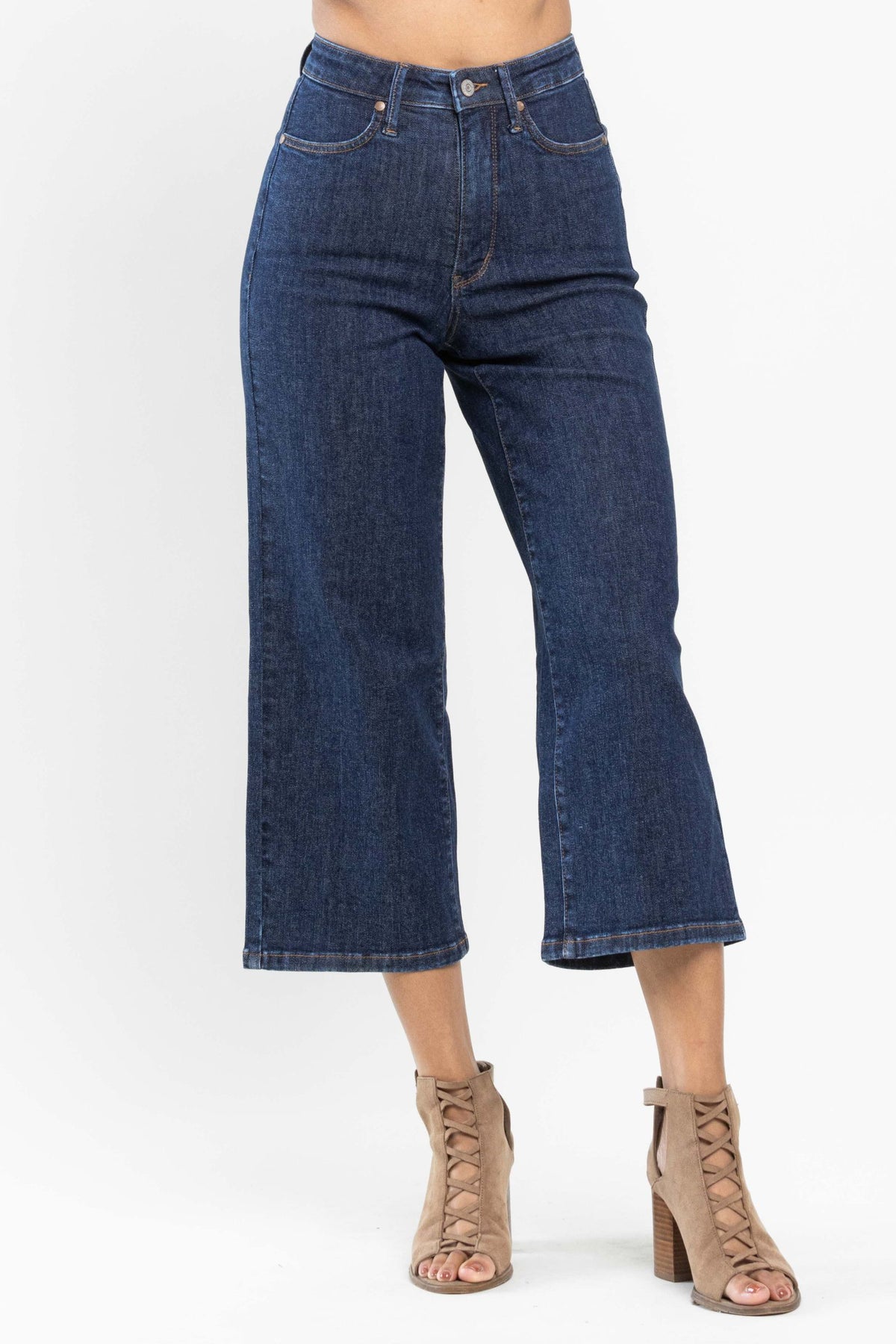 JUDY BLUE HIGH WAIST TUMMY CONTROL TAILORED CROP WIDE LEG JEANS - DARK STONE