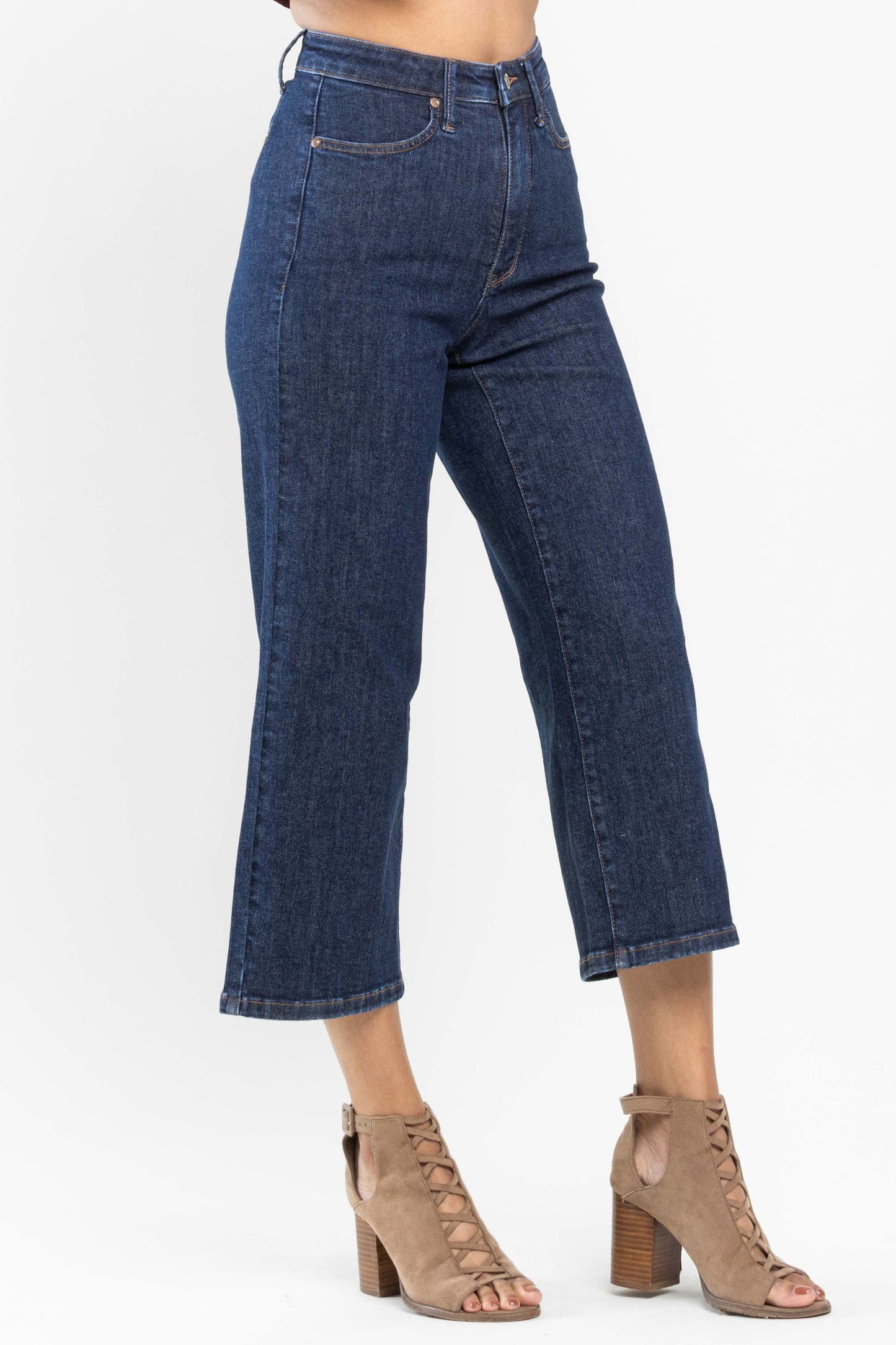 JUDY BLUE HIGH WAIST TUMMY CONTROL TAILORED CROP WIDE LEG JEANS - DARK STONE