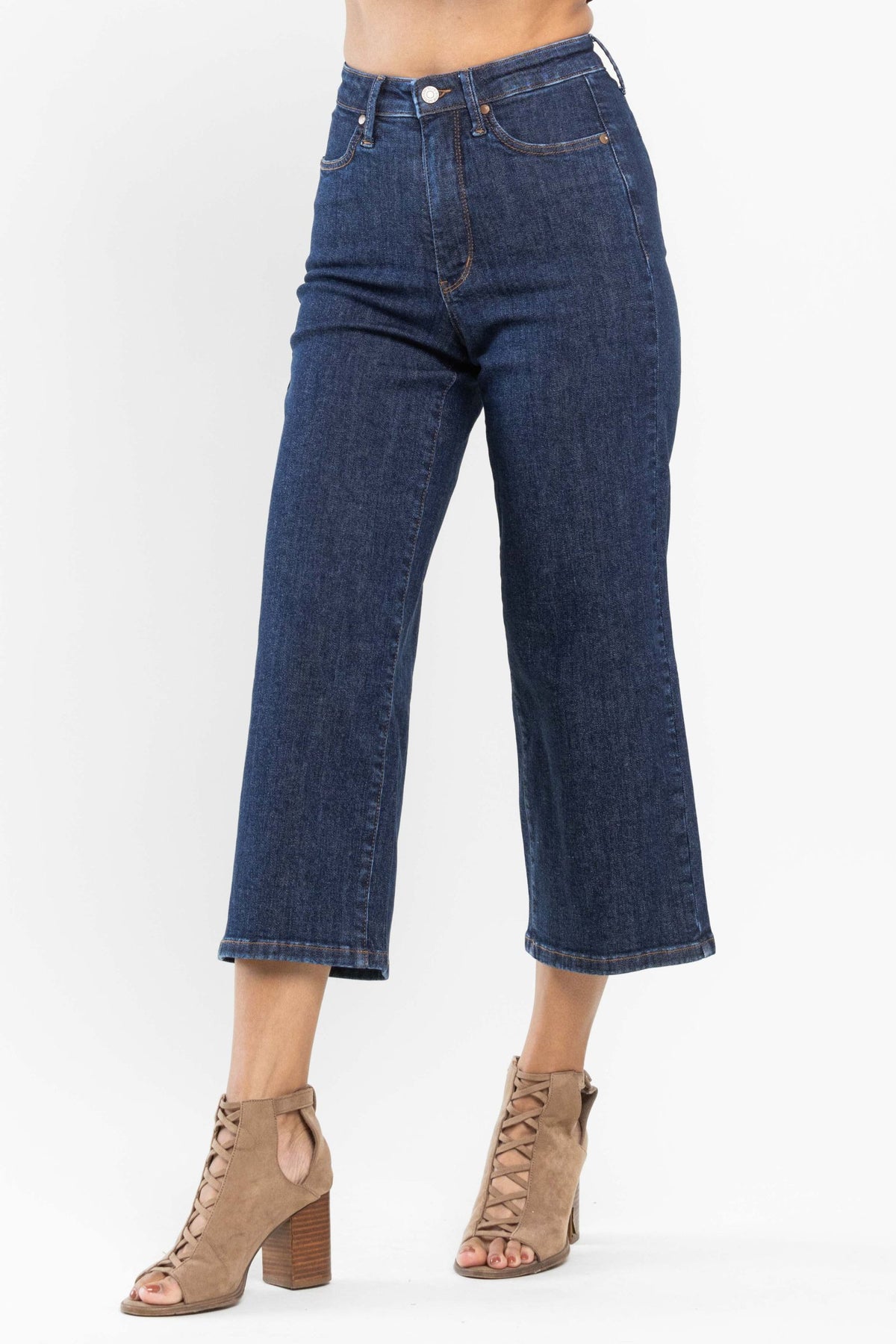 JUDY BLUE HIGH WAIST TUMMY CONTROL TAILORED CROP WIDE LEG JEANS - DARK STONE
