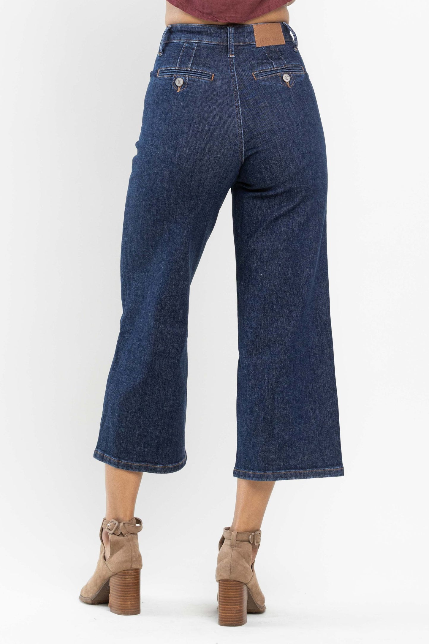 JUDY BLUE HIGH WAIST TUMMY CONTROL TAILORED CROP WIDE LEG JEANS - DARK STONE