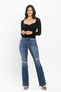 JUDY BLUE MID RISE HAND SAND & DESTROY BOOTCUT JEAN - DARK STONE