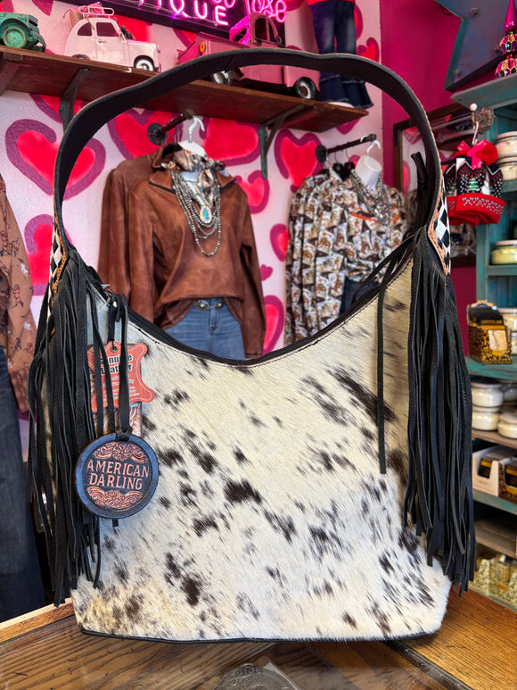 AMERICAN DARLING Women's Dark Brown Hair-On Hide Western Purse Full Grain Leather With Fringe - ADBGA1076