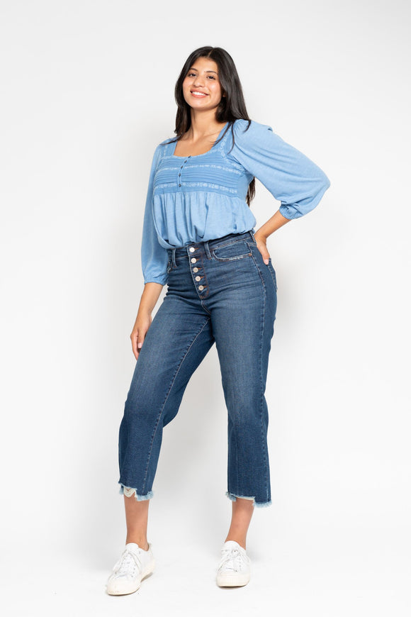 JUDY BLUE HIGH WAIST BUTTON FLY DESTROY HEM CROP WIDE JEAN - MEDIUM STONE