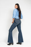 JUDY BLUE HIGH WAIST TUMMY CONTROL SHIELD BACK POCKETS FLARE JEAN - DARK STONE