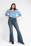 JUDY BLUE HIGH WAIST TUMMY CONTROL SHIELD BACK POCKETS FLARE JEAN - DARK STONE