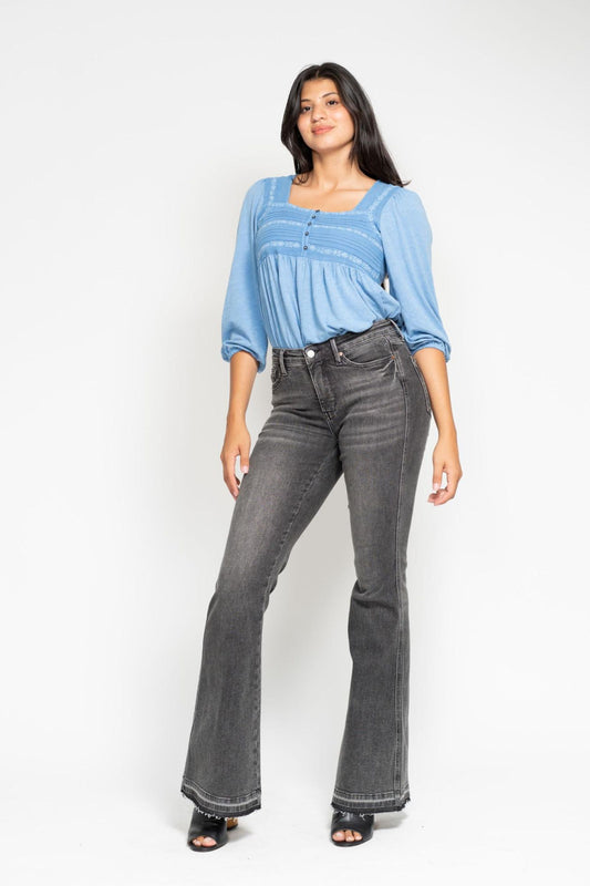 JUDY BLUE MID RISE TUMMY CONTROL WASHED GRAY RELEASE HEM FLARE JEANS - GREY