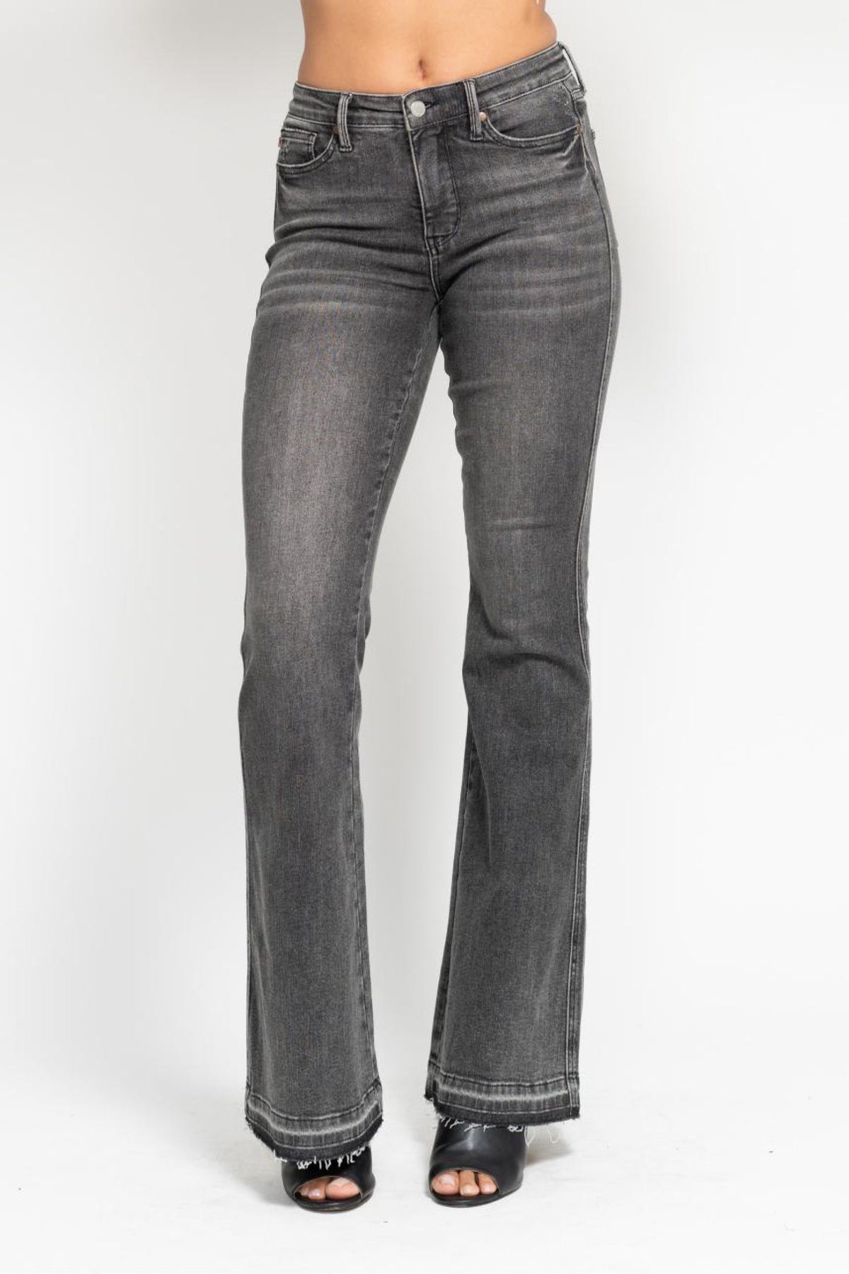JUDY BLUE MID RISE TUMMY CONTROL WASHED GRAY RELEASE HEM FLARE JEANS - GREY