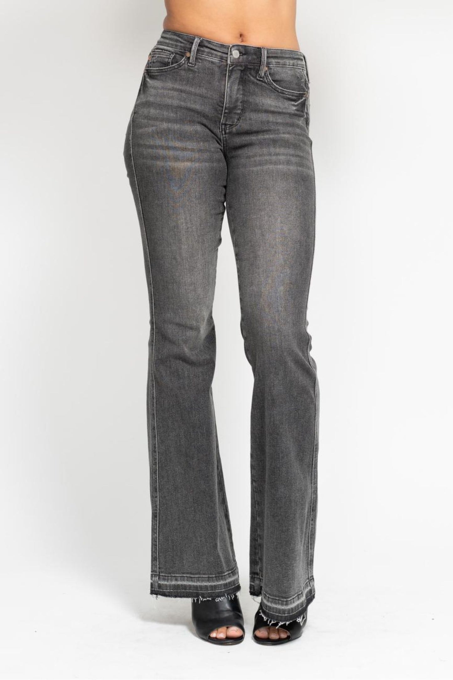 JUDY BLUE MID RISE TUMMY CONTROL WASHED GRAY RELEASE HEM FLARE JEANS - GREY