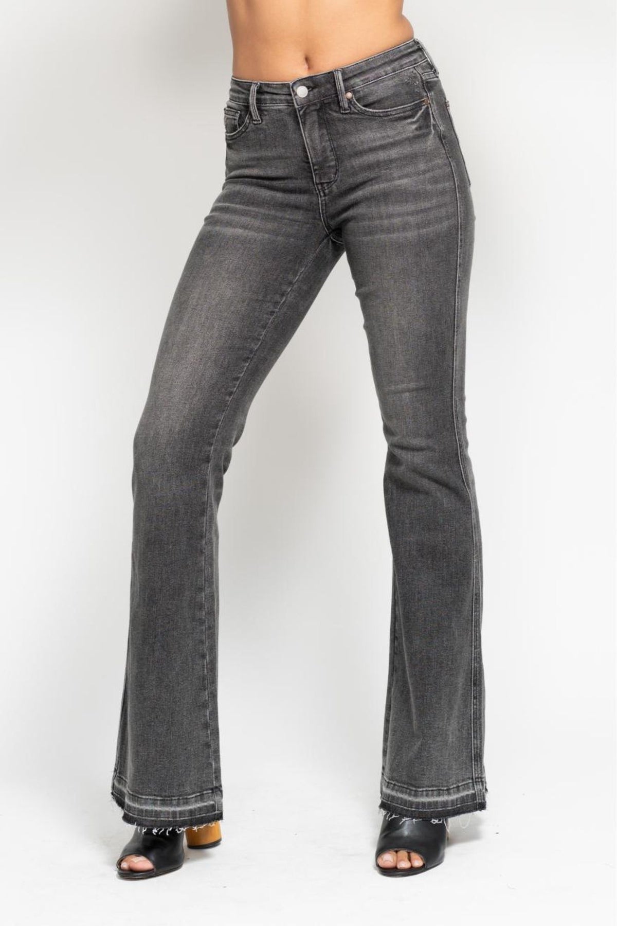 JUDY BLUE MID RISE TUMMY CONTROL WASHED GRAY RELEASE HEM FLARE JEANS - GREY