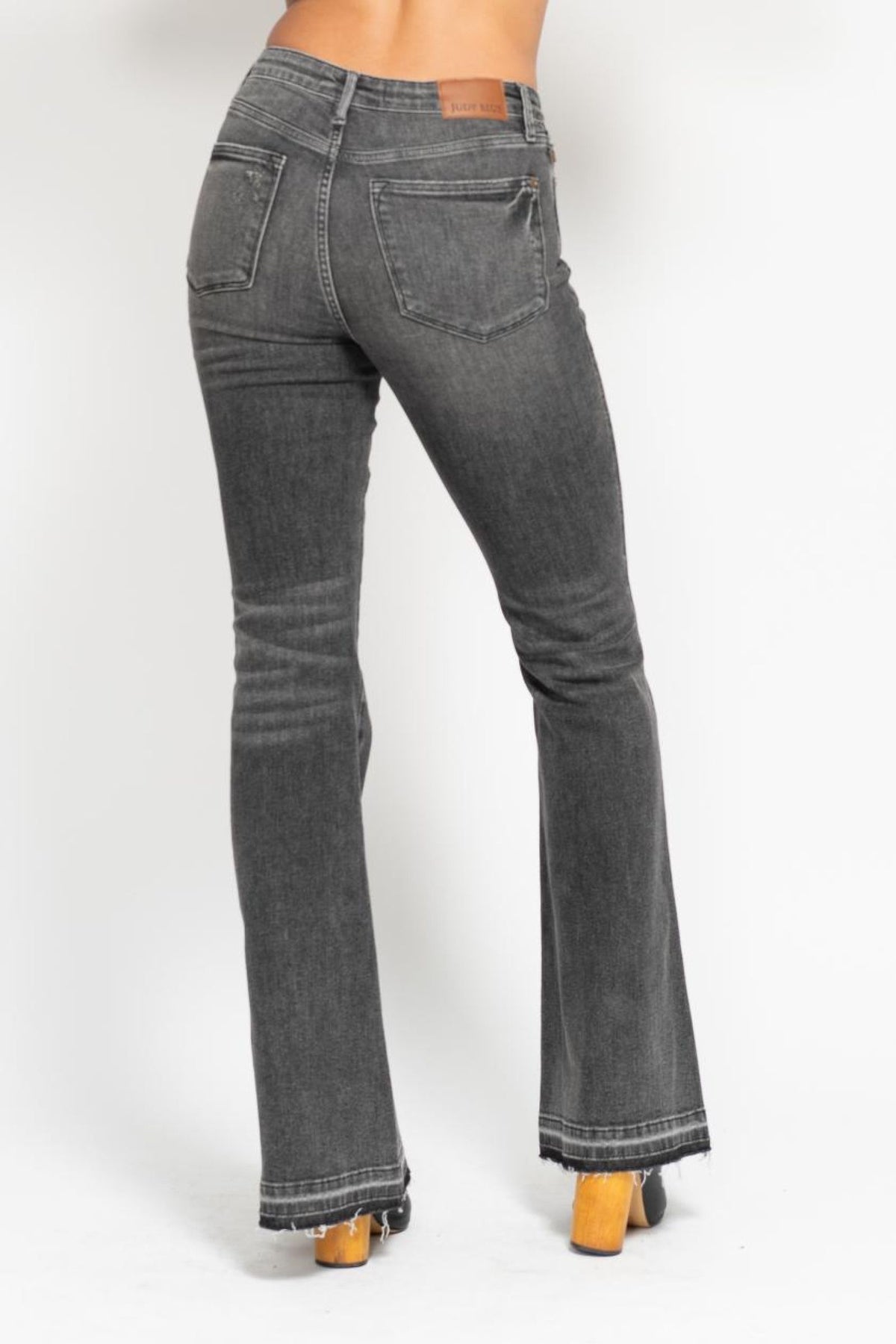 JUDY BLUE MID RISE TUMMY CONTROL WASHED GRAY RELEASE HEM FLARE JEANS - GREY