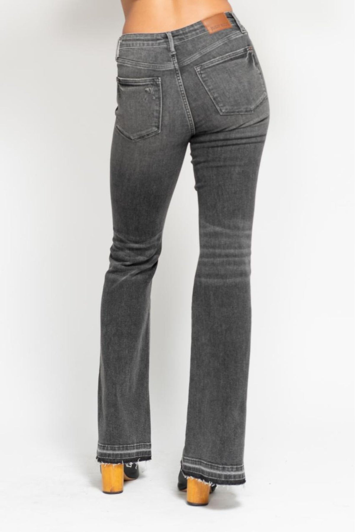 JUDY BLUE MID RISE TUMMY CONTROL WASHED GRAY RELEASE HEM FLARE JEANS - GREY