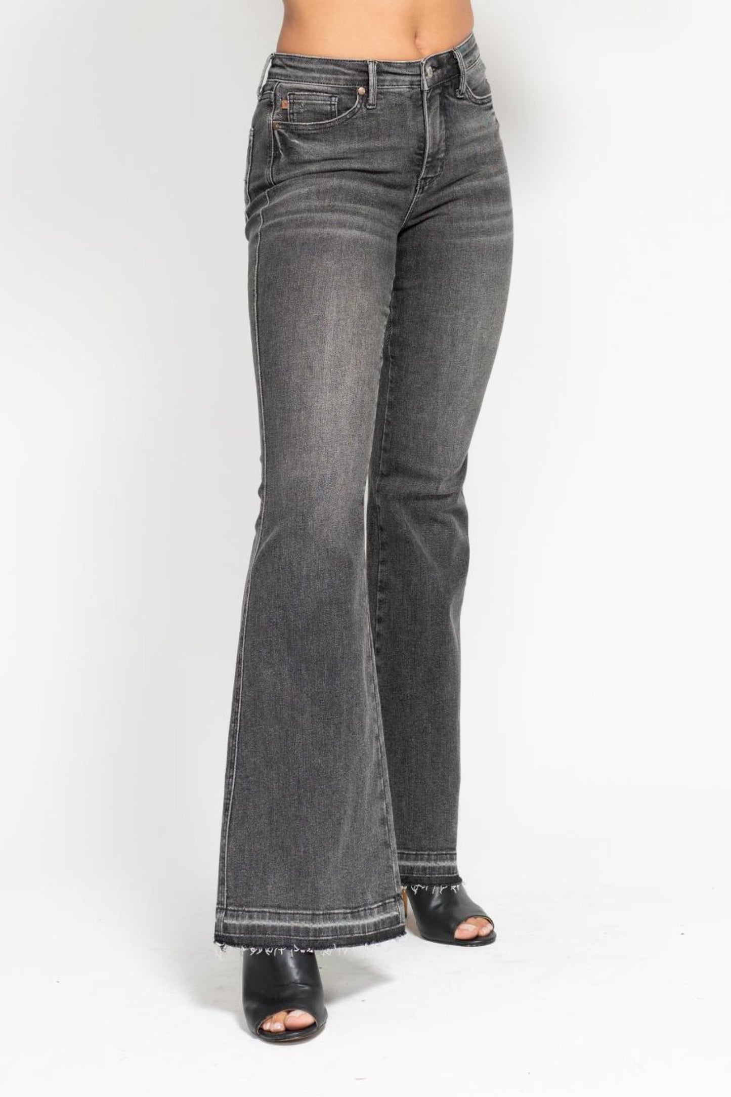 JUDY BLUE MID RISE TUMMY CONTROL WASHED GRAY RELEASE HEM FLARE JEANS - GREY