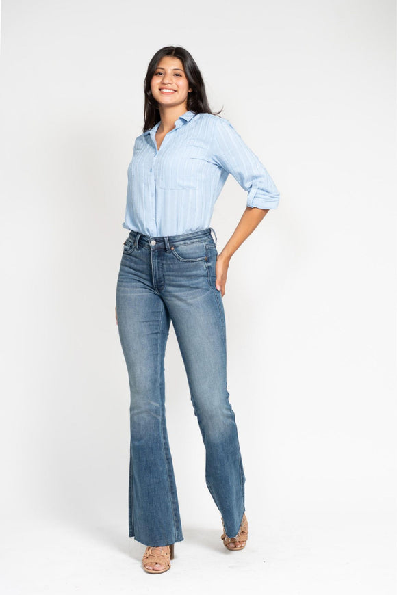 JUDY BLUE MID RISE TUMMY CONTROL VINTAGE WASH CUT HEM FLARE JEANS - MEDIUM STONE