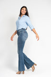 JUDY BLUE MID RISE TUMMY CONTROL VINTAGE WASH CUT HEM FLARE JEANS - MEDIUM STONE