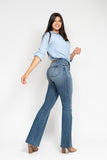 JUDY BLUE MID RISE TUMMY CONTROL VINTAGE WASH CUT HEM FLARE JEANS - MEDIUM STONE