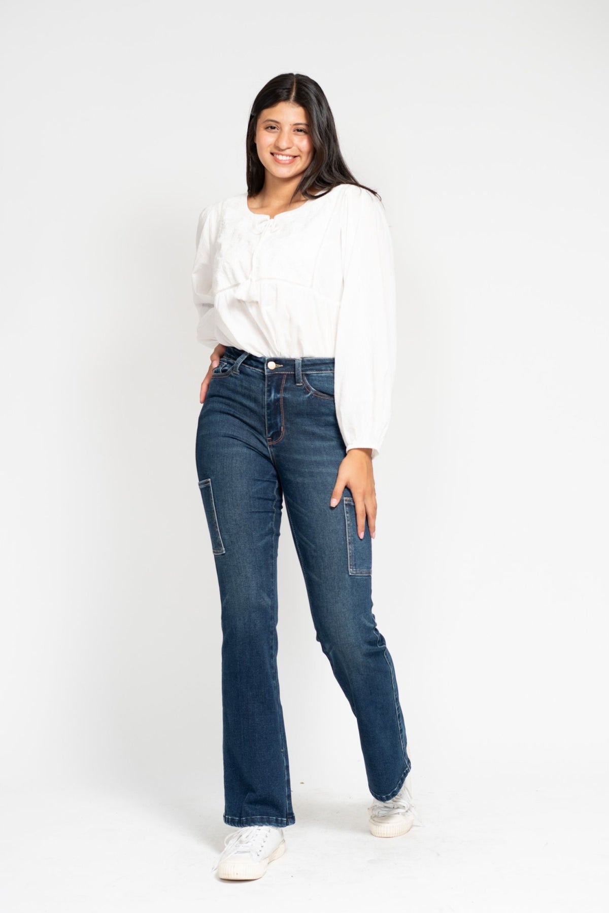 JUDY BLUE HIGH WAIST CARGO BOOT CUT JEAN - DARK STONE