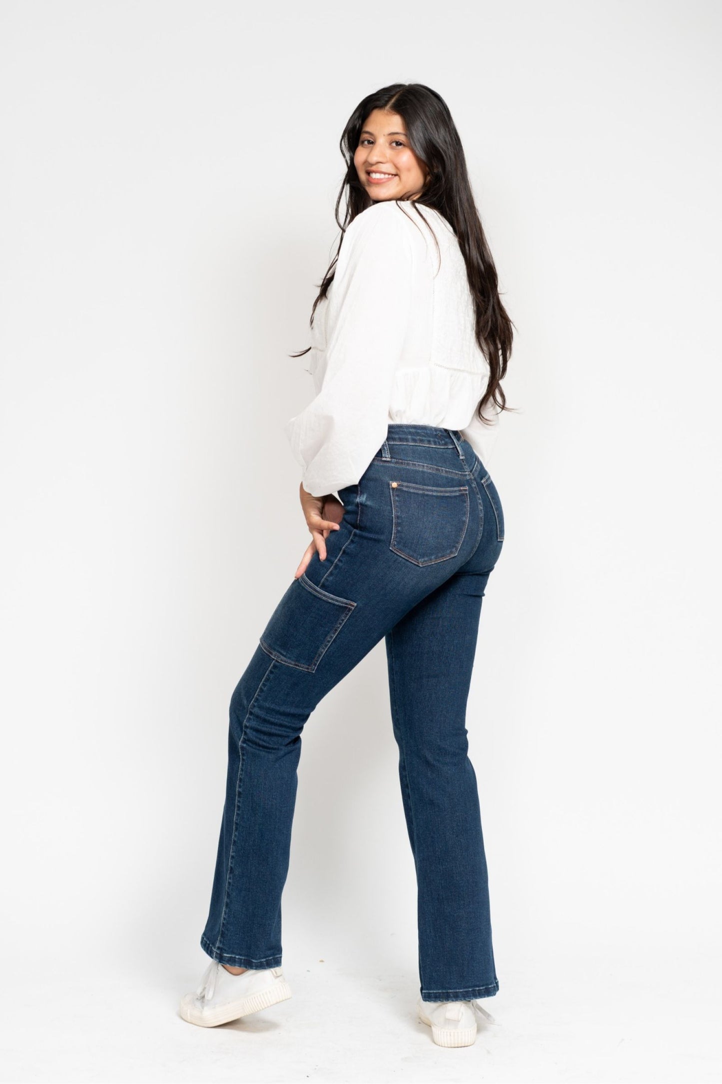 JUDY BLUE HIGH WAIST CARGO BOOT CUT JEAN - DARK STONE