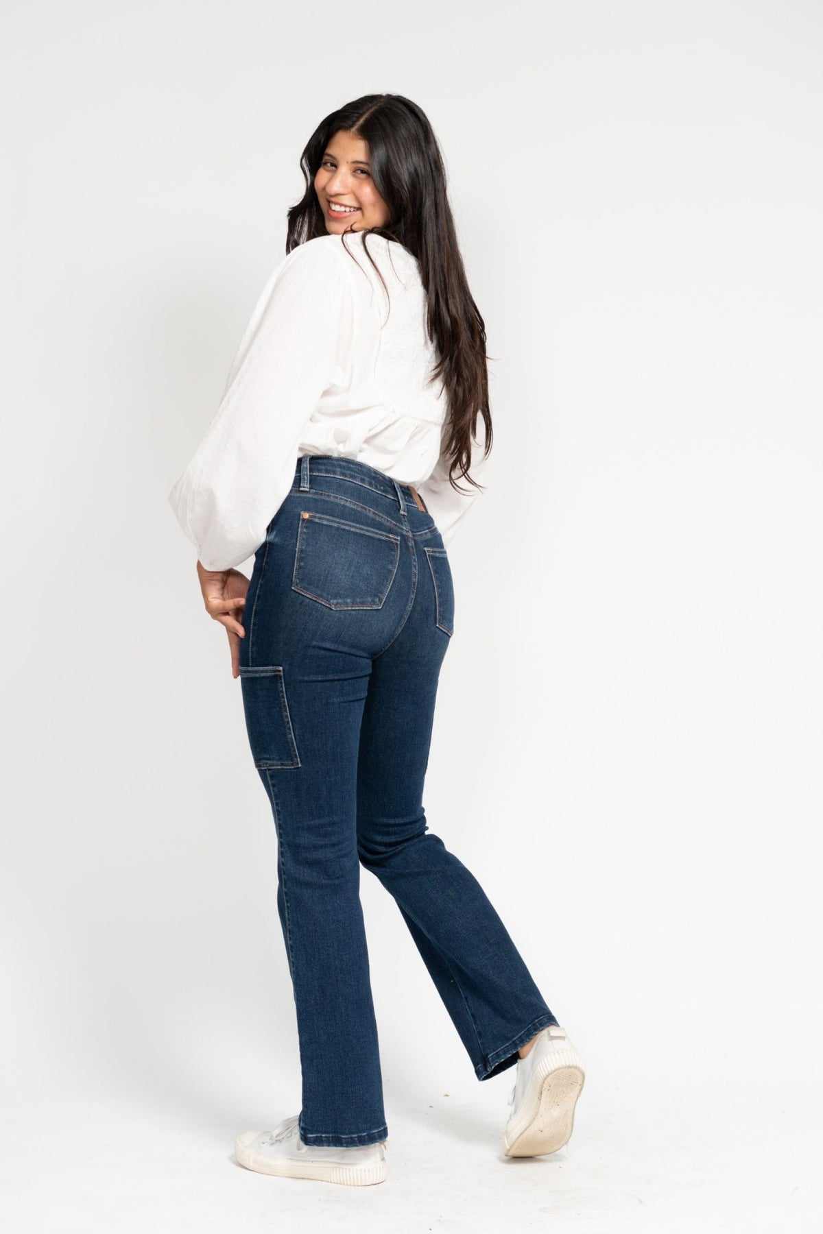 JUDY BLUE HIGH WAIST CARGO BOOT CUT JEAN - DARK STONE