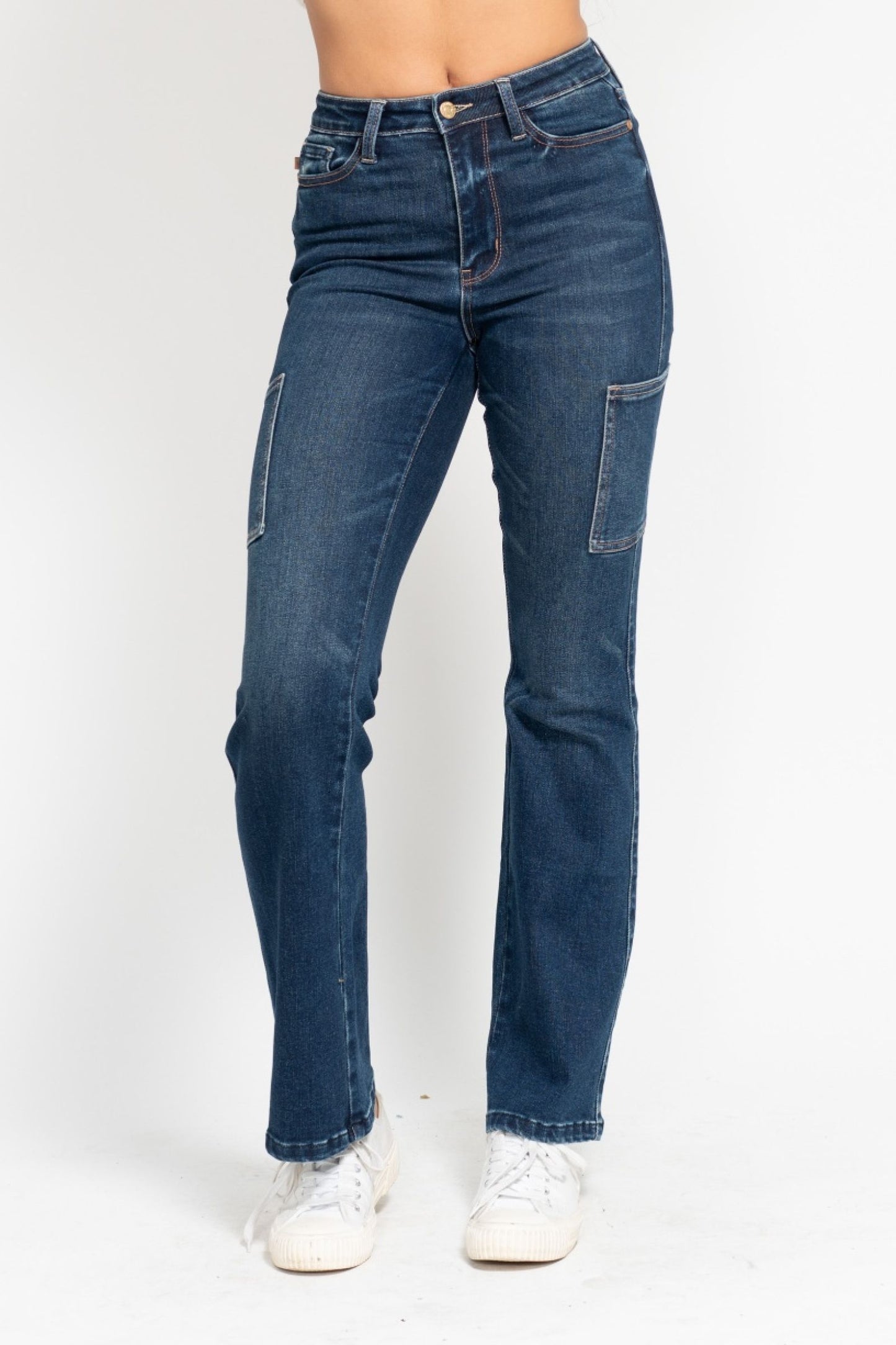 JUDY BLUE HIGH WAIST CARGO BOOT CUT JEAN - DARK STONE