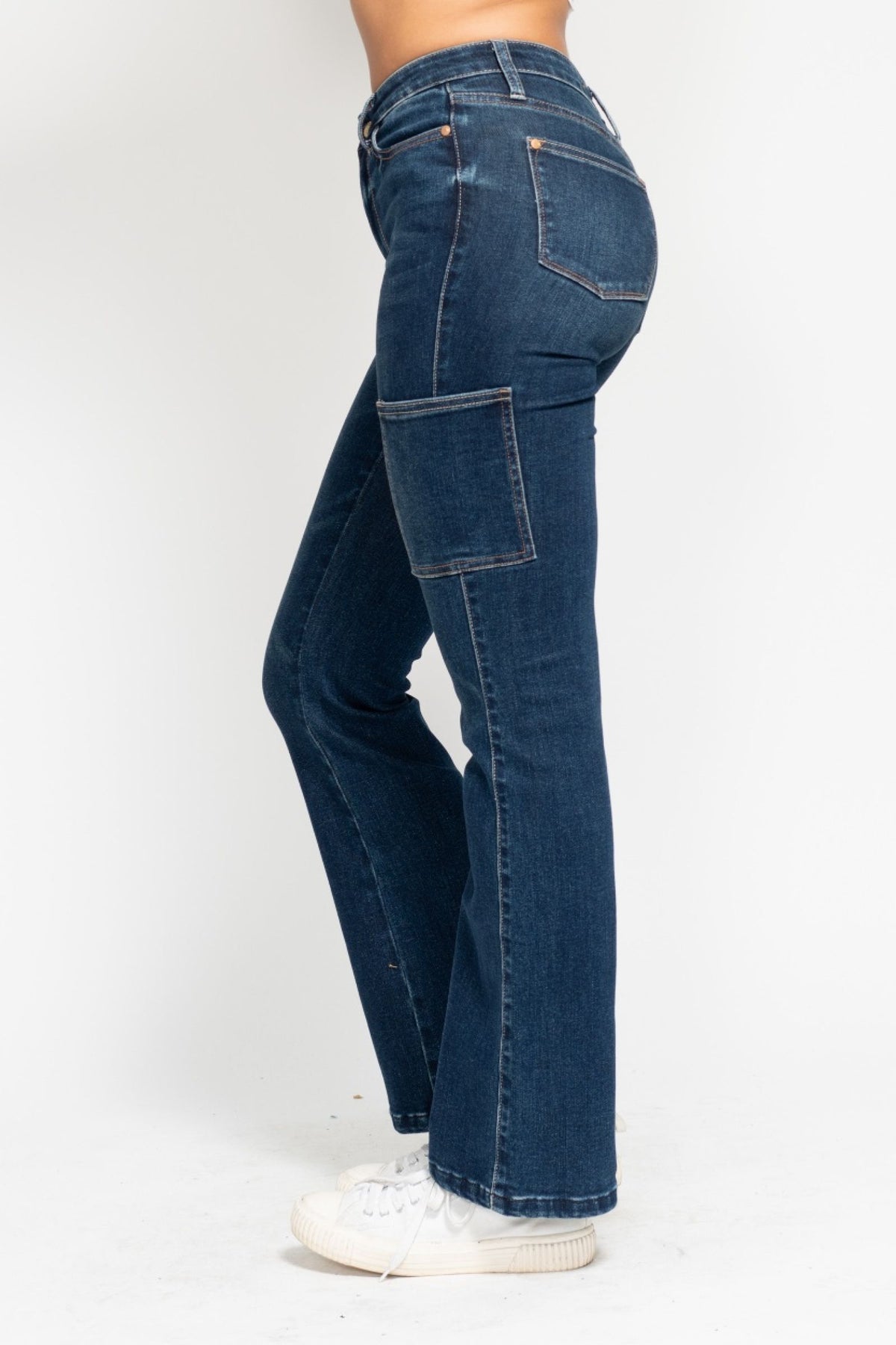 JUDY BLUE HIGH WAIST CARGO BOOT CUT JEAN - DARK STONE
