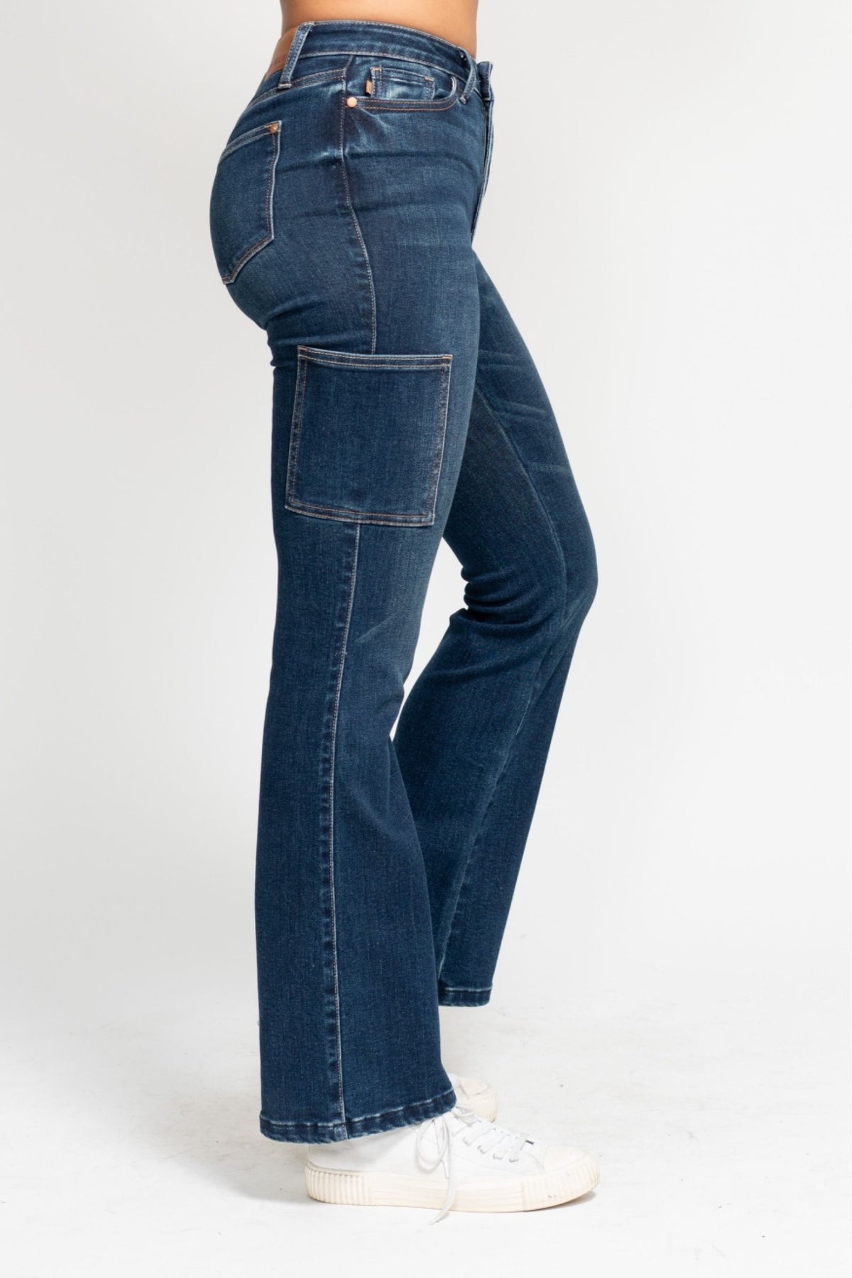 JUDY BLUE HIGH WAIST CARGO BOOT CUT JEAN - DARK STONE