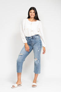 JUDY BLUE HIGH WAIST DESTROY CROP WIDE LEG JEAN - LIGHT STONE