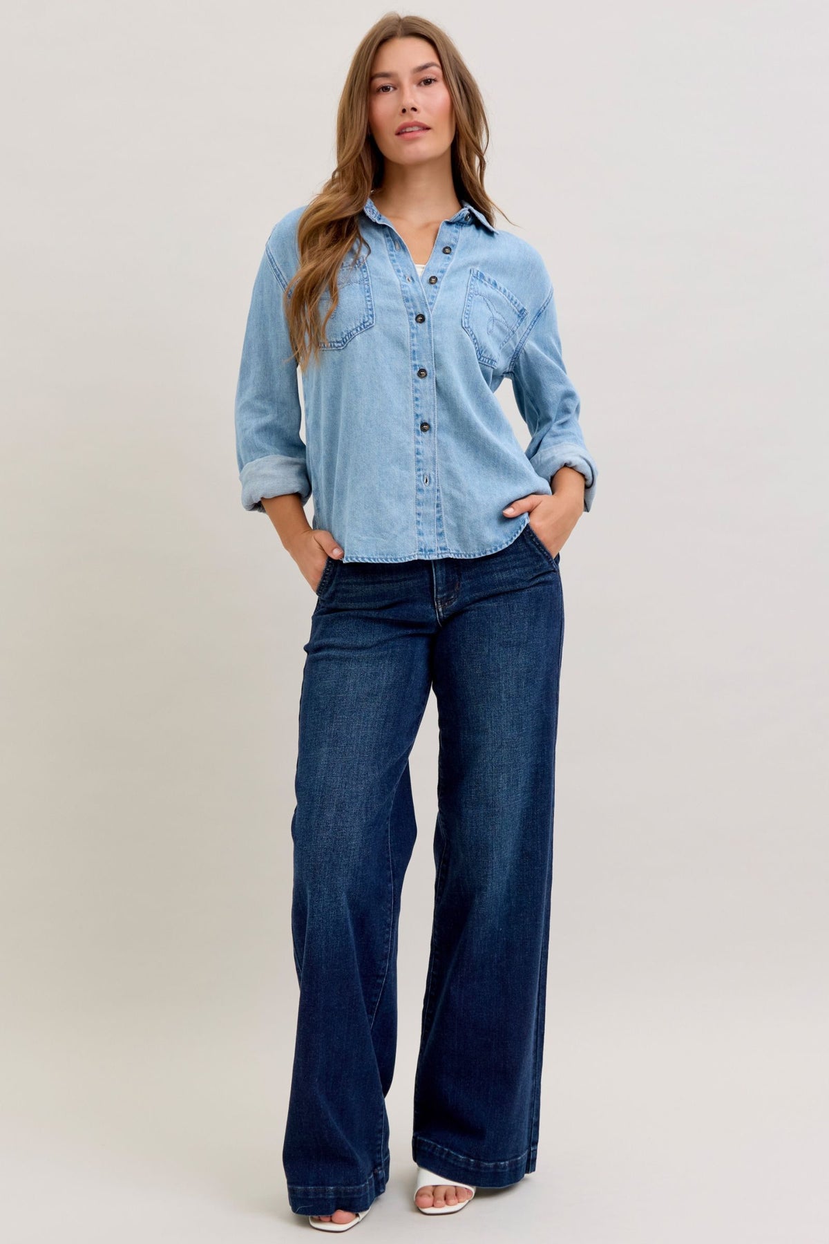 JUDY BLUE DENIM LONG SLEEVE BUTTON UP TOP