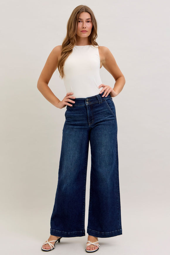 JUDY BLUE SHORT HIGH WAIST TROUSER WIDE LEG JEAN - DARK STONE