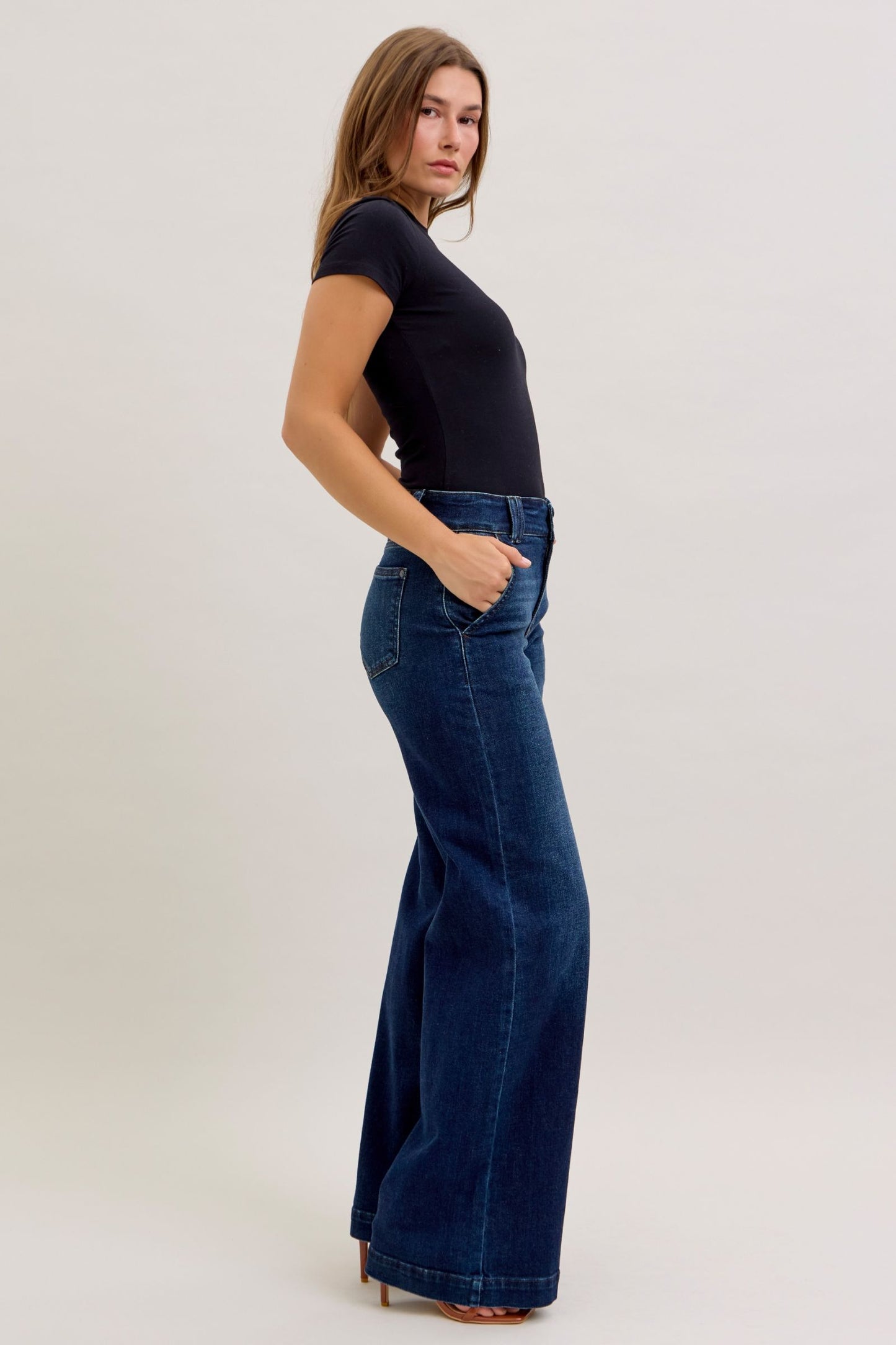 JUDY BLUE REGULAR HIGH WAIST TROUSER WIDE LEG JEAN - DARK STONE
